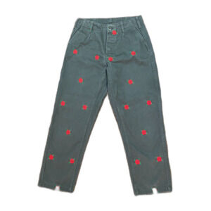 Iggy Green Embroidered Red Rose Button Up Barrel Pants Trousers  Women's Size 28